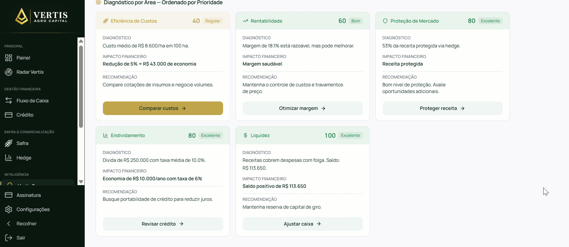 Vertis Score com saúde financeira, potencial de ganho e evolução do score